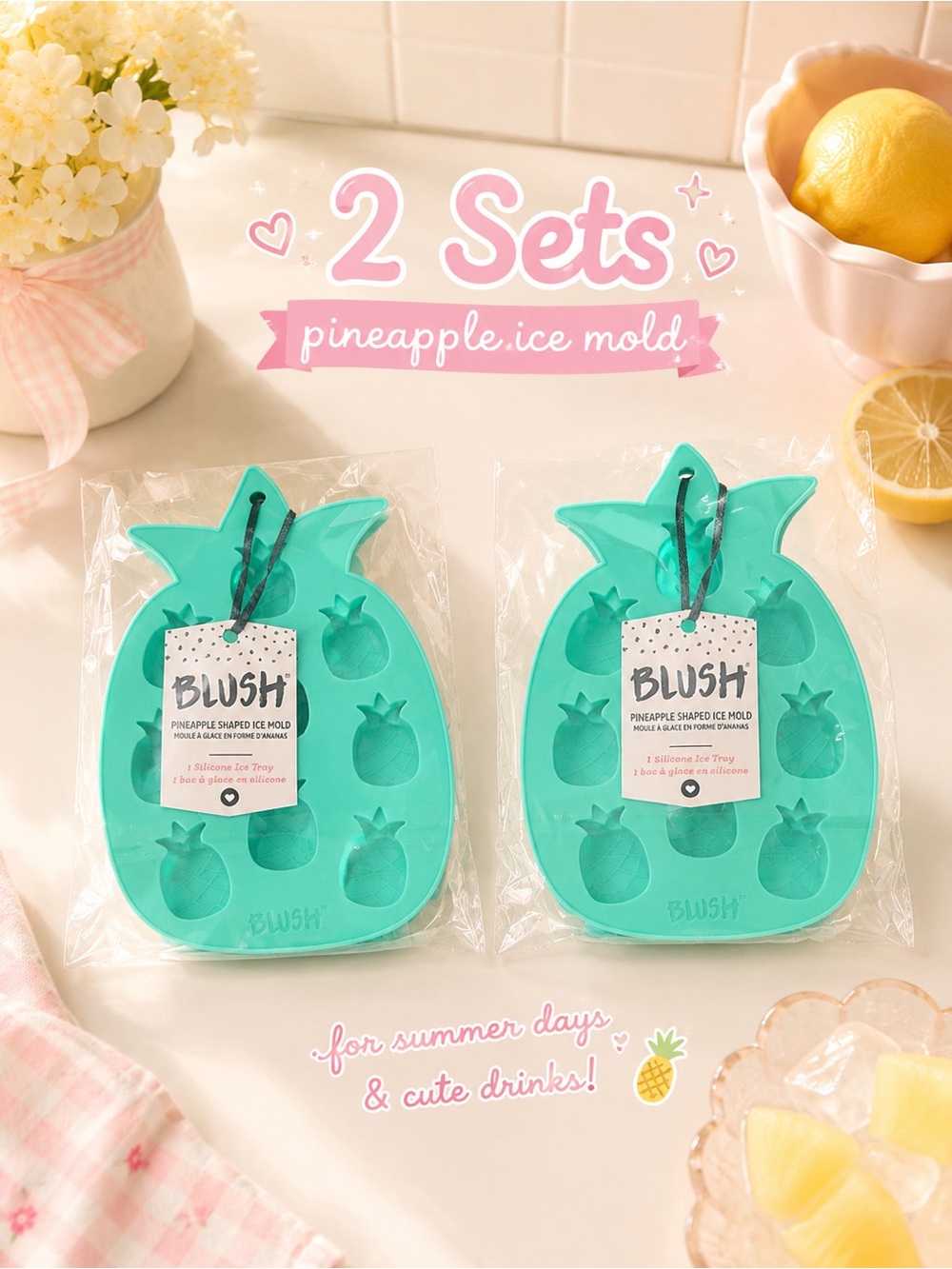 Set of 2 cute BLUSH Pineapple Silicone Ice Mold craft party favor gift bundle